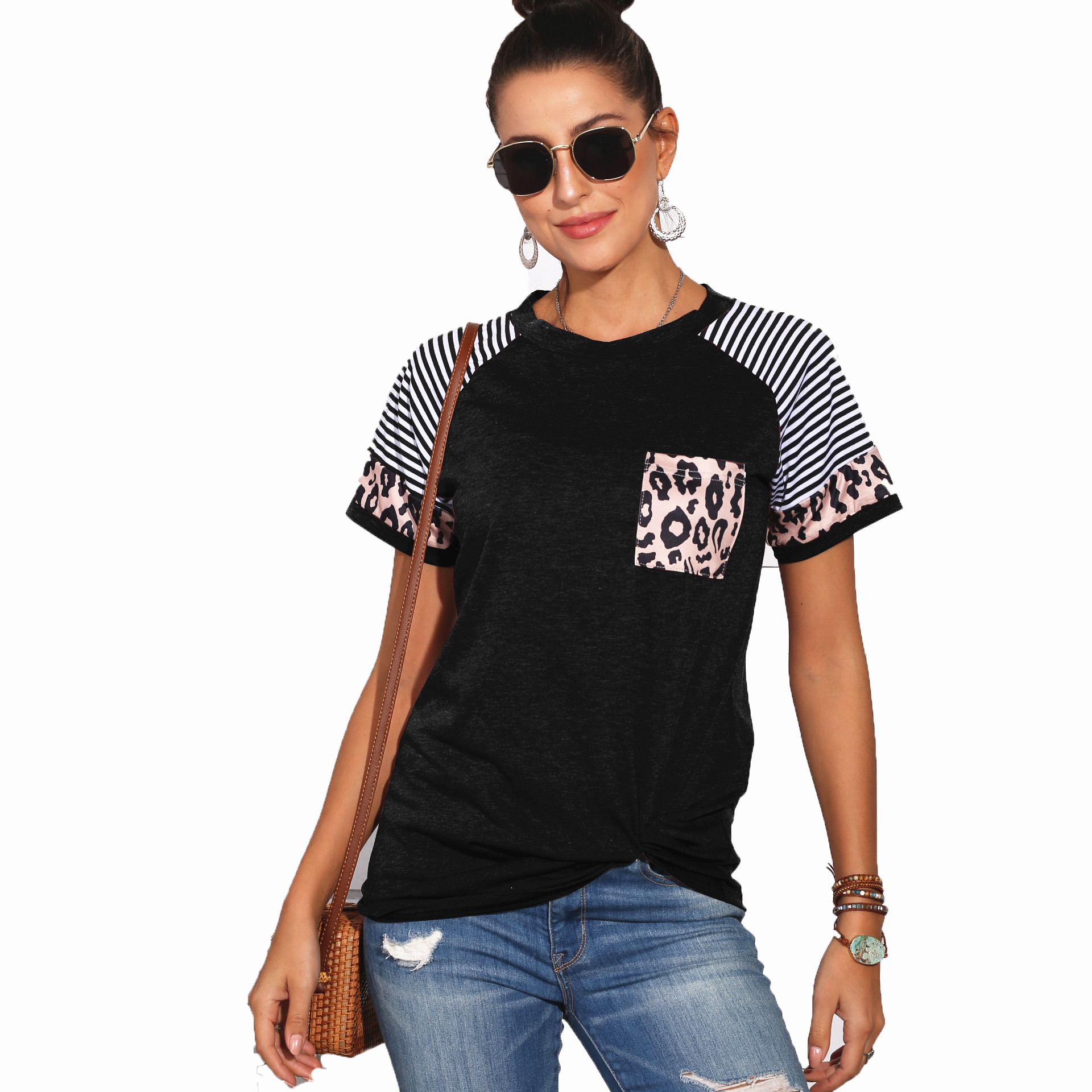 Fashion Women Casual Short Sleeve Summer T-shirt Leopard Stripes Stitching T shirt Top Tees Femme Ladies Tshirt Clothes Soft