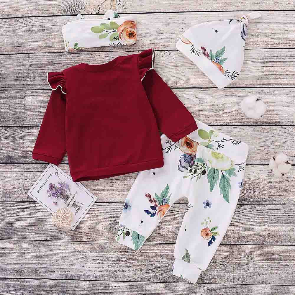 toddler baby clothing set 4PCS Girls Floral Print Top Pants Cap Headband Ruffles Outfits Set conjunto menina costume for