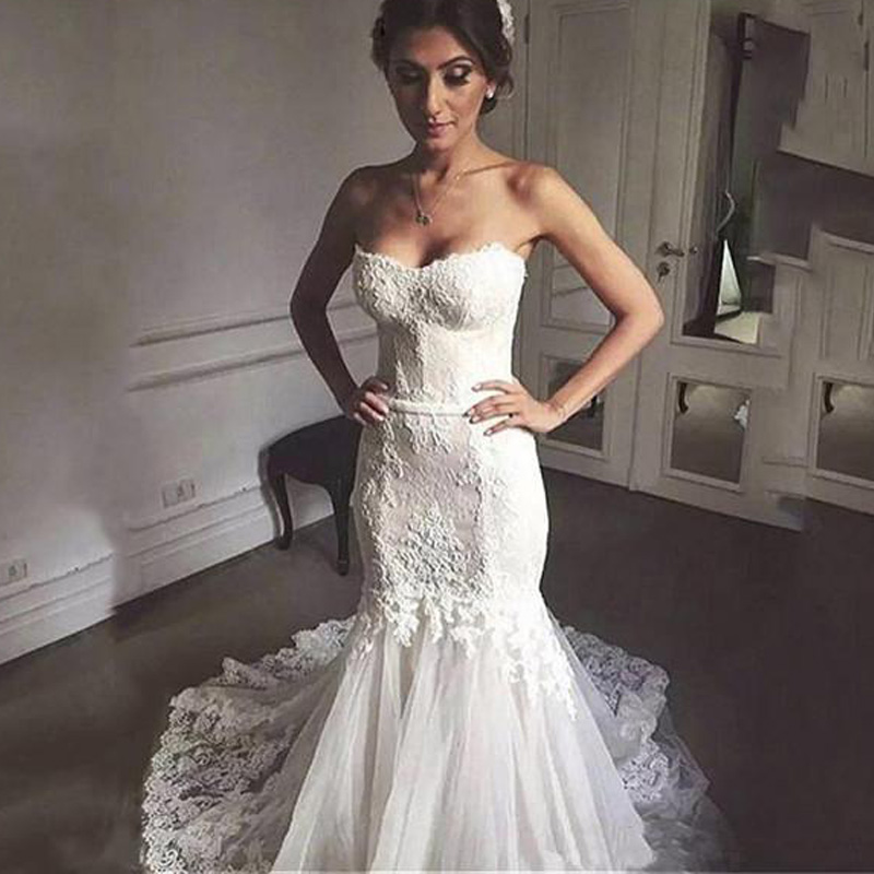 2020 Wedding Dresses Mermaid Sweetheart Lace Applique Bridal Gowns Sweep Train Backless Plus Size Wedding Gowns For Beach Garden