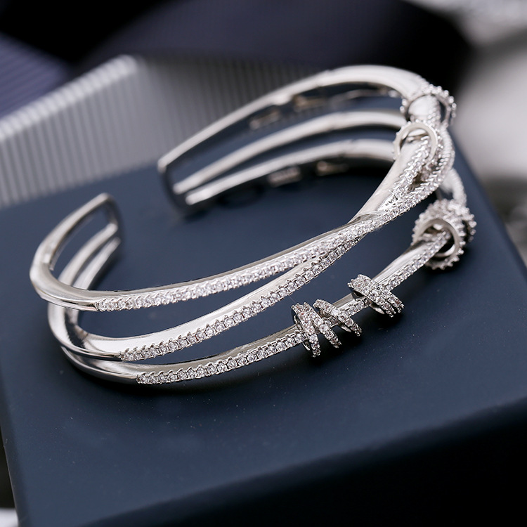 Personalized White Gold Iced Out CZ Cubic Zirconia 3 Layers Cross Hollowed Open Cuff Bangle Bracelet Womens Wedding Engagement Jewerly