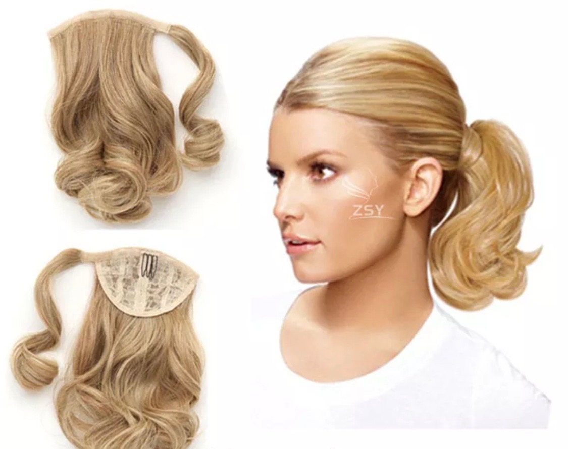 Celebrity fancy wavy honey blonde clip in ponytail extension wraps body wave blond pony tail hairpiece high ponytail extension