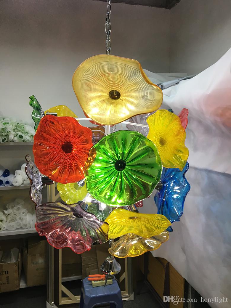 Hotel Gallery Art Decoration Large Murano Flower Glass Plates Chandelier LED Bulbs 100% Hand Blown Glass Chandelier Light Fixture