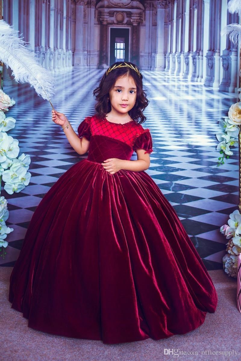 Cheap Princess Lovely Dark Red Ball Gown Flower Girls Veet Short Puffy Sleeve Wedding Party Dresses Birthday Kids Prom Dress