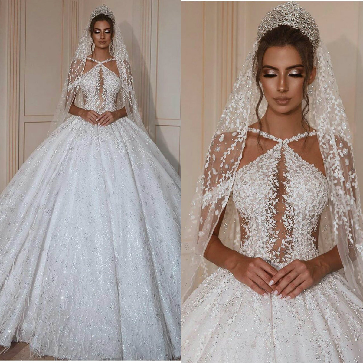 luxury ball gown wedding dresses spaghetti strap sleeveless beaded appliqued sequins bridal gown ruffle sweep train robes de marie