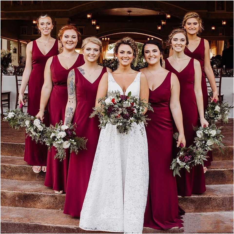 Country Side Dark Red Elastic Satin Mermaid Long Bridesmaid Dresses Ruched Wedding Guest Party Maid Of Honor Dresses