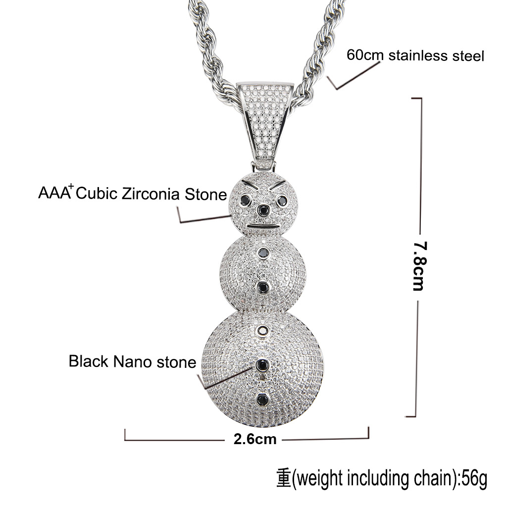 New 18K Gold Plated Ice Out Full CZ Cubic Zirconia Christmas Snowman Pendant Necklace Twist Chain Hip Hop Jewelry Gifts for Men and Women