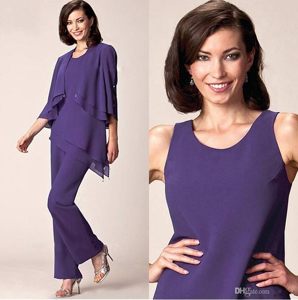 Purple Three Pieces Mother of the Bride Pant Suits For Wedding Jewel Neck Chiffon Wedding Guest Dress With Jackets Plus Size Formal Dresses