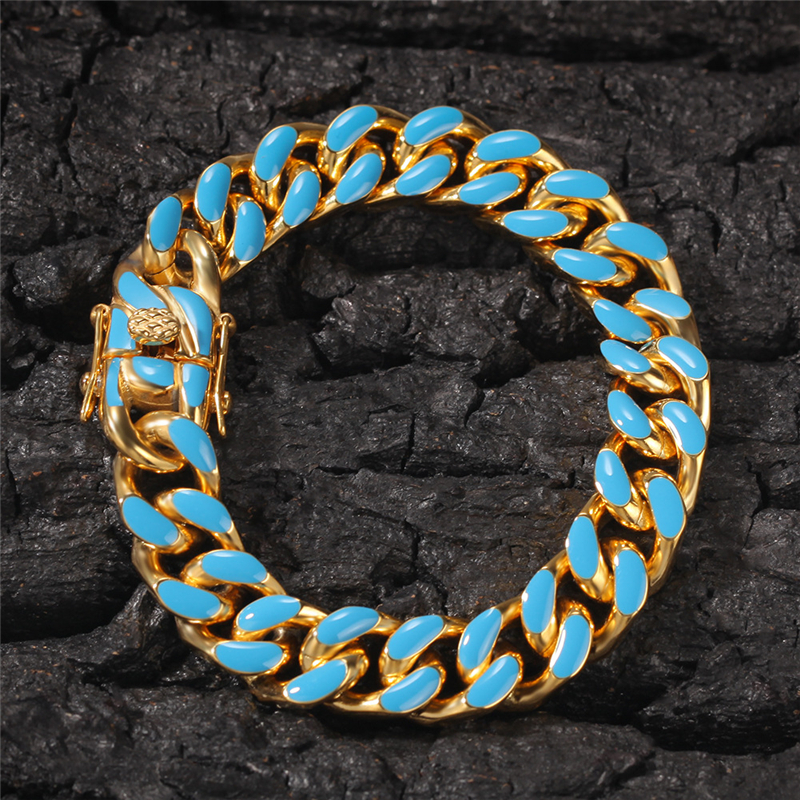 Men Bracelet Link Chains Stainless Steel Yellow Gold Plated Oil Painting Cuban Link Chain Bracelet for Men Women Hip Hop Bracelets