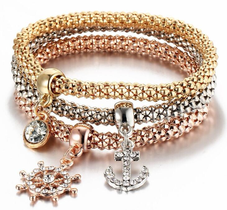 Crystal Owl Crown Heart Bracelets Rhinestone Elephant Skull Music notes butterfly Key lock Tree of life Charm Bangle Jewelry