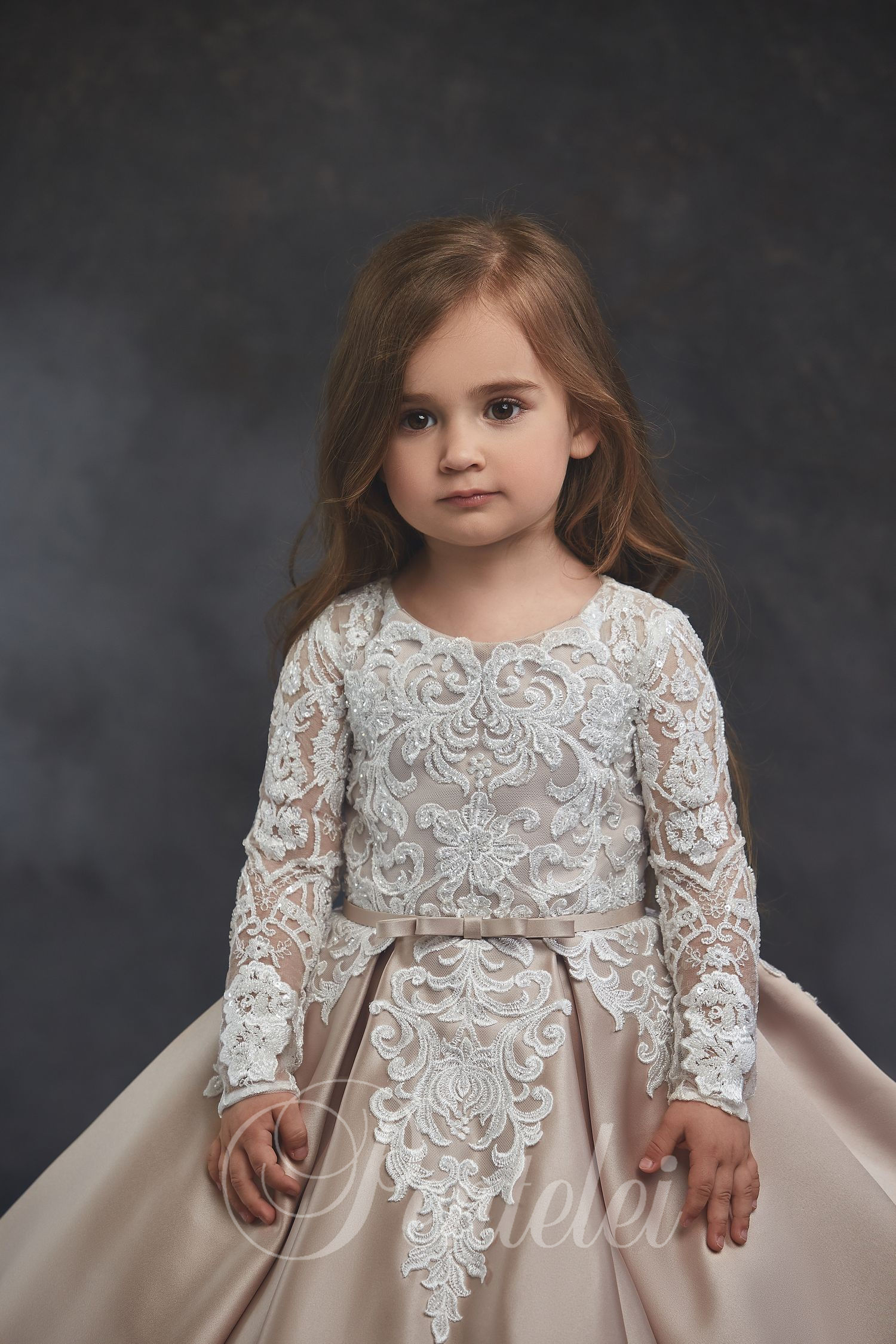 2020 Champagne Ball Gown Flower Girl Dresses Lace Appliqued Satin Long Sleeve Girls Pageant Dress Little Girl First Holy Communion Gowns