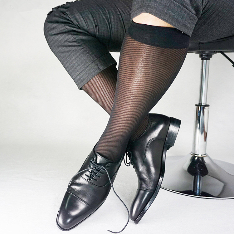 Twill Striped Mesh Nylon Silk Socks For Men Business Soft Sheer Light Weight Formal Dress Suit Knee Length Long Socks