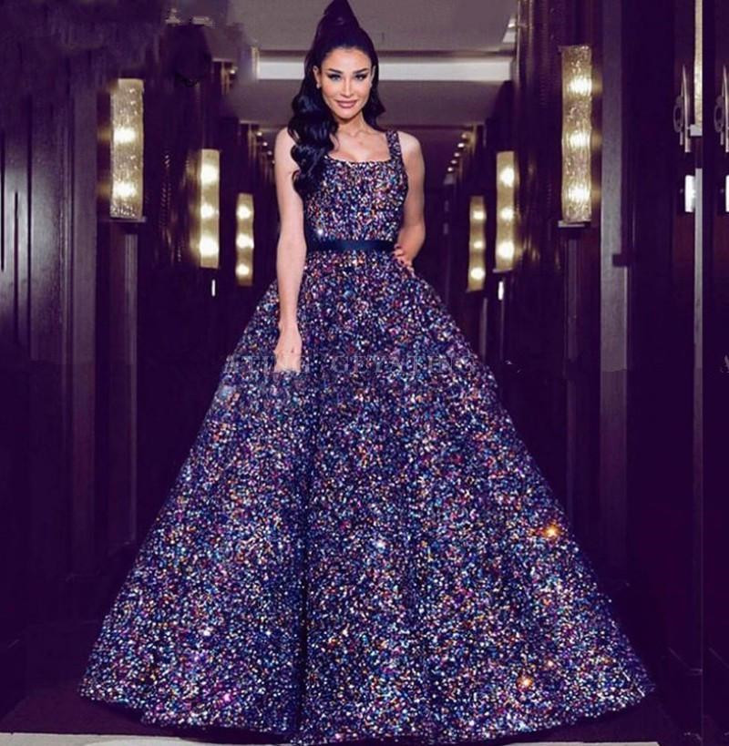 Sparkly Sequins Beaded Ball Gown Prom Dresses Square Spaghetti Straps Arabic Dubai Princess Occasion Evening Dress Vestido de quinceanera