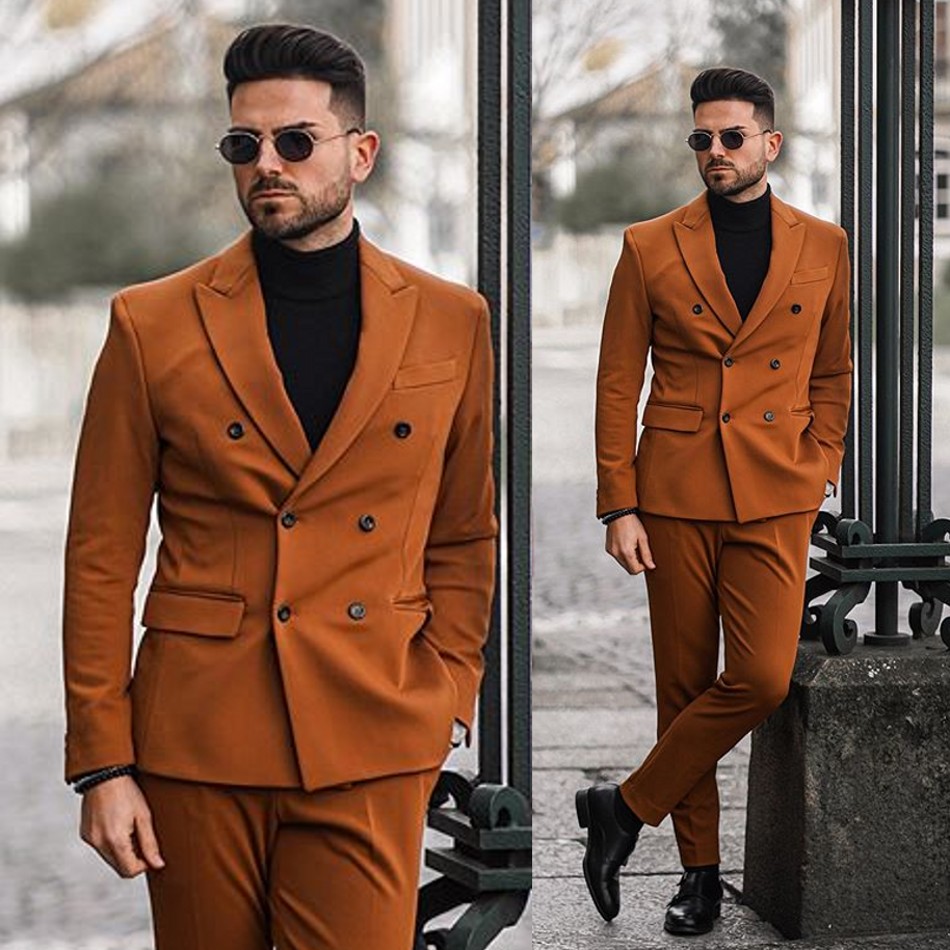 2020 Brown Mens Suits Two Piece Tweed Suit Herringbone Peaked Lapel Custom Made Groom Tuxedos Wedding Prom Dress Jacket Pants