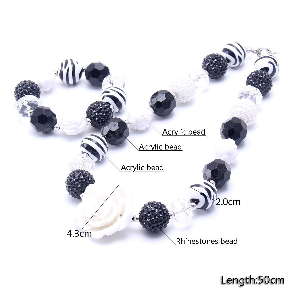 Kids Girls Chunky Beads Necklace Bracelets Cute White Rose Flower Child Baby Chunky Beads Jewelry Set For Party New