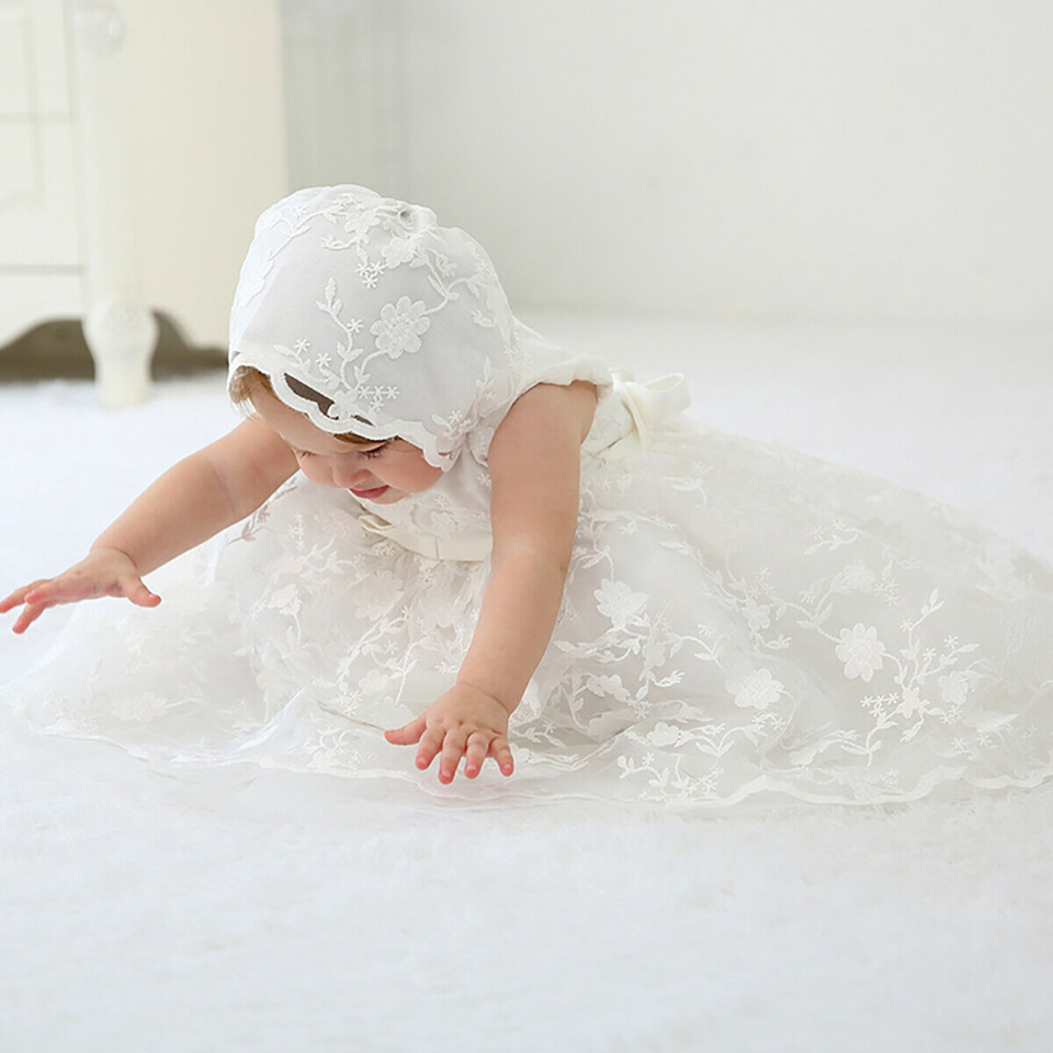High Quality Custom Outfit Ivory White 1 Year Birthday Girl Baptism Gowns Baby Girl Lace Dress Extra Long Christening Dress