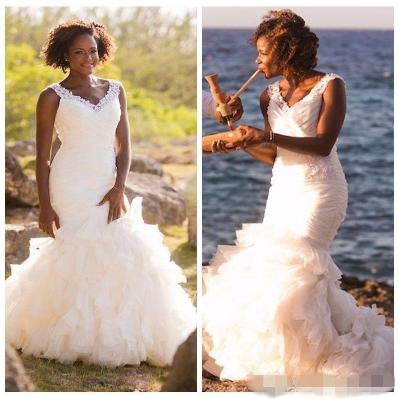 V Neck Fashion Mermaid Dresses Straps Lace Appliqued Custom Made Ruffles Ruched South African Wedding Bridal Gown