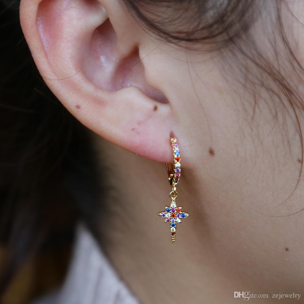 gold color rainbow cubic zirconia CZ cross snowflake hoop earrings 2018 trendy fashion women Gift party Classic earring jewelry