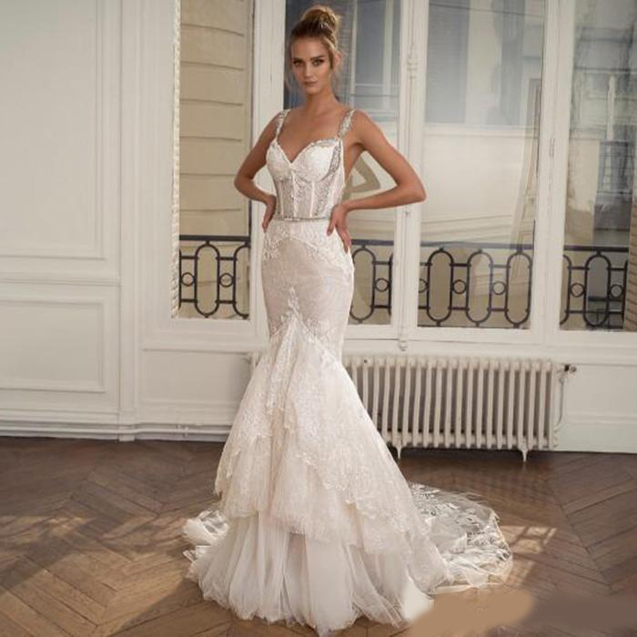 Shiny Sequins Mermaid Wedding Dresses Spaghetti Neck Tiered Ruffles Skirts Bridal Gowns Sleeveless Backless Wedding Dresses
