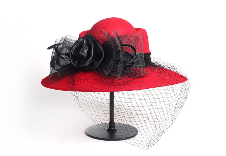Women Wool Floral Veil Netting Feather Wide Brim Derby Hat Floppy Hat Fedoras Formal Occasion Dance Party Summer Beach Hat Y19052004