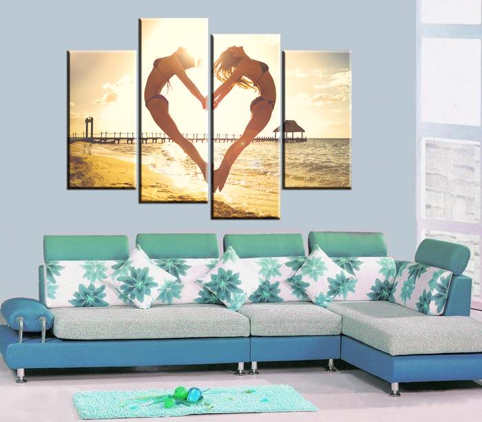 Wall Art Painting Picture HD Print Seaside Sun Jump Heart Unframed Canvas For Home Decoration