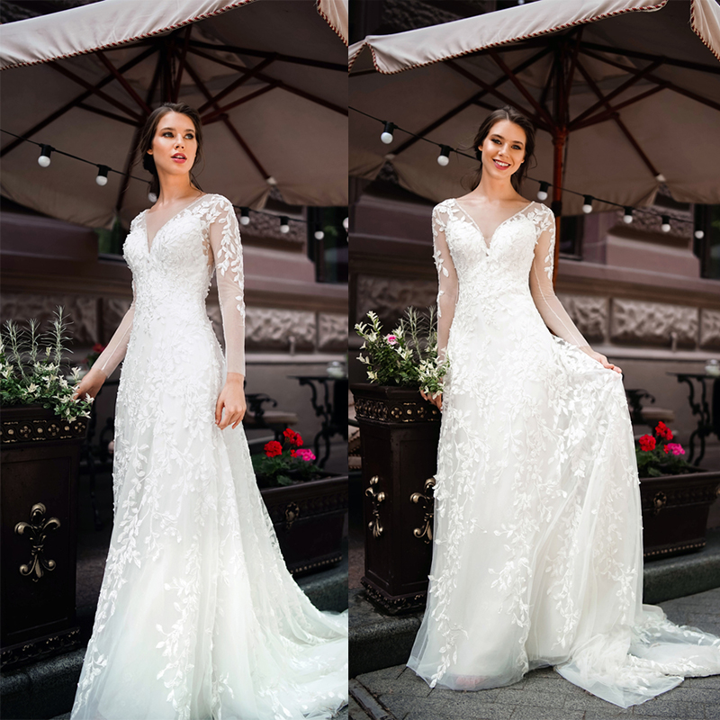A Line Wedding Dresses Sheer V Neck Lace Appliques Bridal Gowns Long Sleeve Sweep Train Wedding Dress