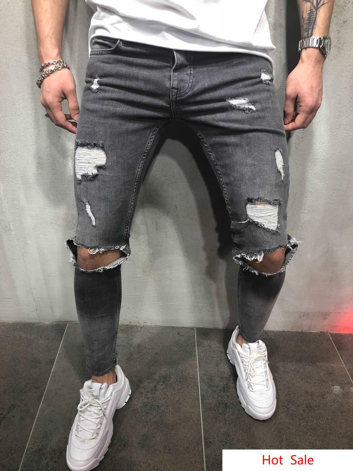 Urban Style Men Pencil Pants Mid Waist Jeans Fashion Slim Fit Ripped Jeans Denim Clothing Trousers Long Frayed Pants5487312