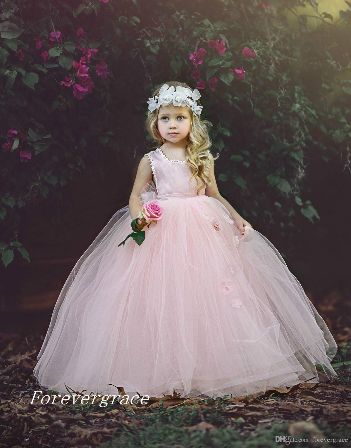 2019 Puffy Tulle Floor Length Cute Princess Girl's Pageant Dress Vintage Blush Pink Arabic Party Flower Girl Pretty Dress For Little Ki