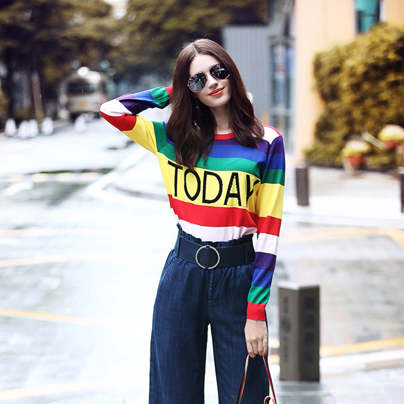 Fashion Women Striped Harajuku Candy Colors pullover Sweater Kawaii viscose pull Casual Tee Lady Cute Tops B-172MX190928