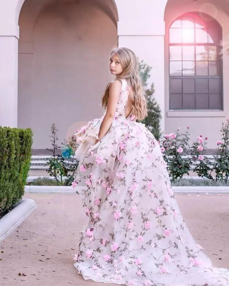 Princess High Low Girls Pageant Dresses with 3D Flowers Puffy Party Birthday Gowns Flower Girl Dress For Weddings
