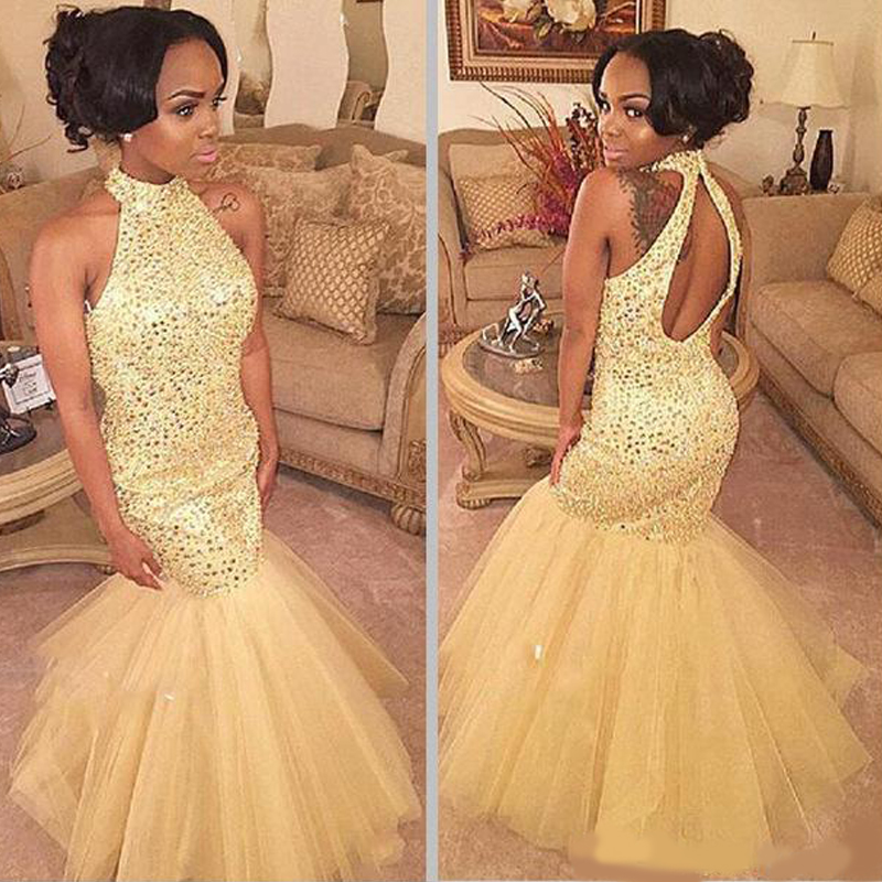 Mermaid Prom Dresses 2020 New Yellow Tulle Sexy Halter Beads Backless Custom Made Long Crystals Evening Gowns Pageant Dress