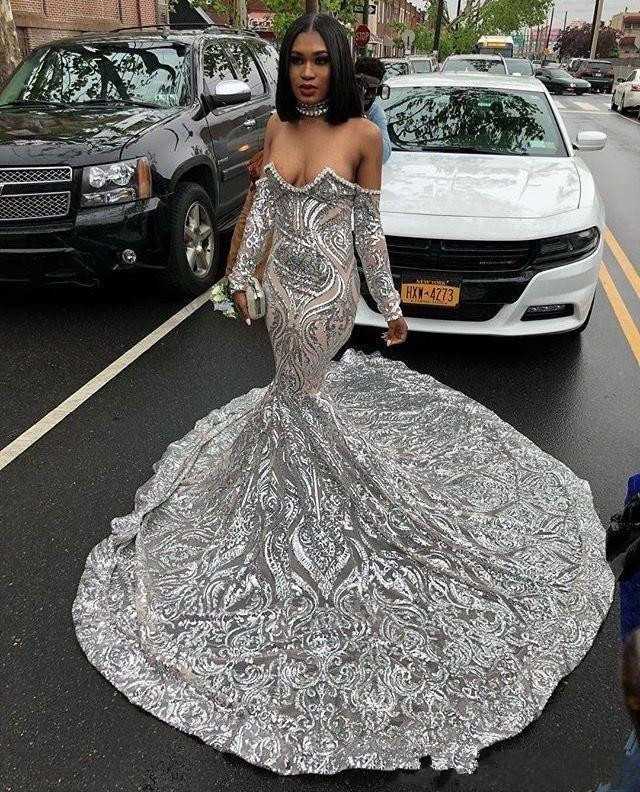 Luxury Silver Sequined Long Sleeve Mermaid Prom Dress for Black Girls Plus Size Court Train African Evening Formal Dresses 2020