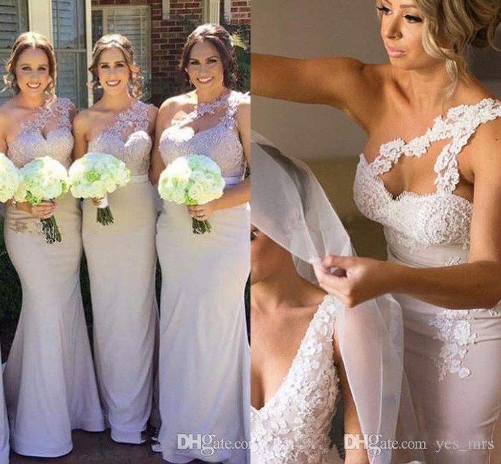 New Arabic Mermaid Bridesmaid Dresses One Shoulder Appliques Lace Sleeveless Satin Sweep Train Wedding Gust Dress Maid Of Honor Gowns