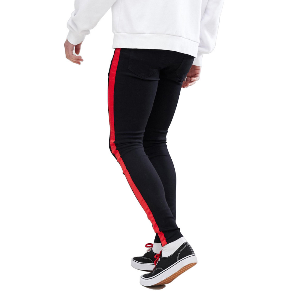 Side Stripe Red White Men Jeans Skinny Stretch Black Slim Fit Pants Tapered Legging Pencil Biker Comfy