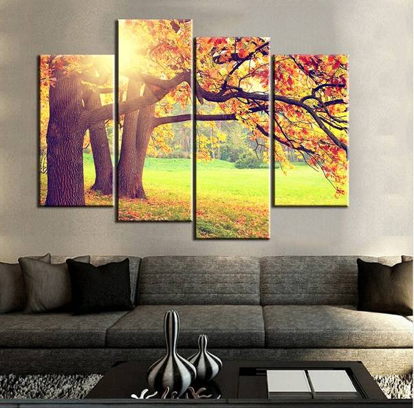 4pcs/set Wall Art Painting Picture HD Print Moring Tree Sunshin Unframed Canvas For Home Decoration