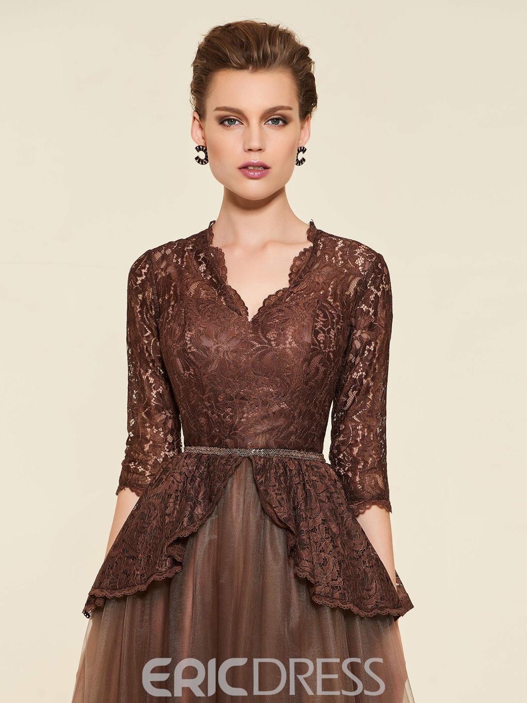 Ericdress A Line Mother of The Bride Dresses V Neck 3/4 Long Sleeve Wedding Guest Dress Lace Applique Sweep Train Evening Gown