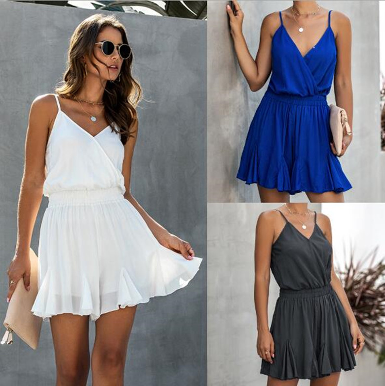 Wholesale Explosion Women's Summer Fashion Strap V-Neck Elastic Waist Solid Color A Swing Female Rompers, White
Wholesale Explosion Women's Summer Fashion Strap V-Neck Elastic Waist Solid Color A Swing Female Rompers, White