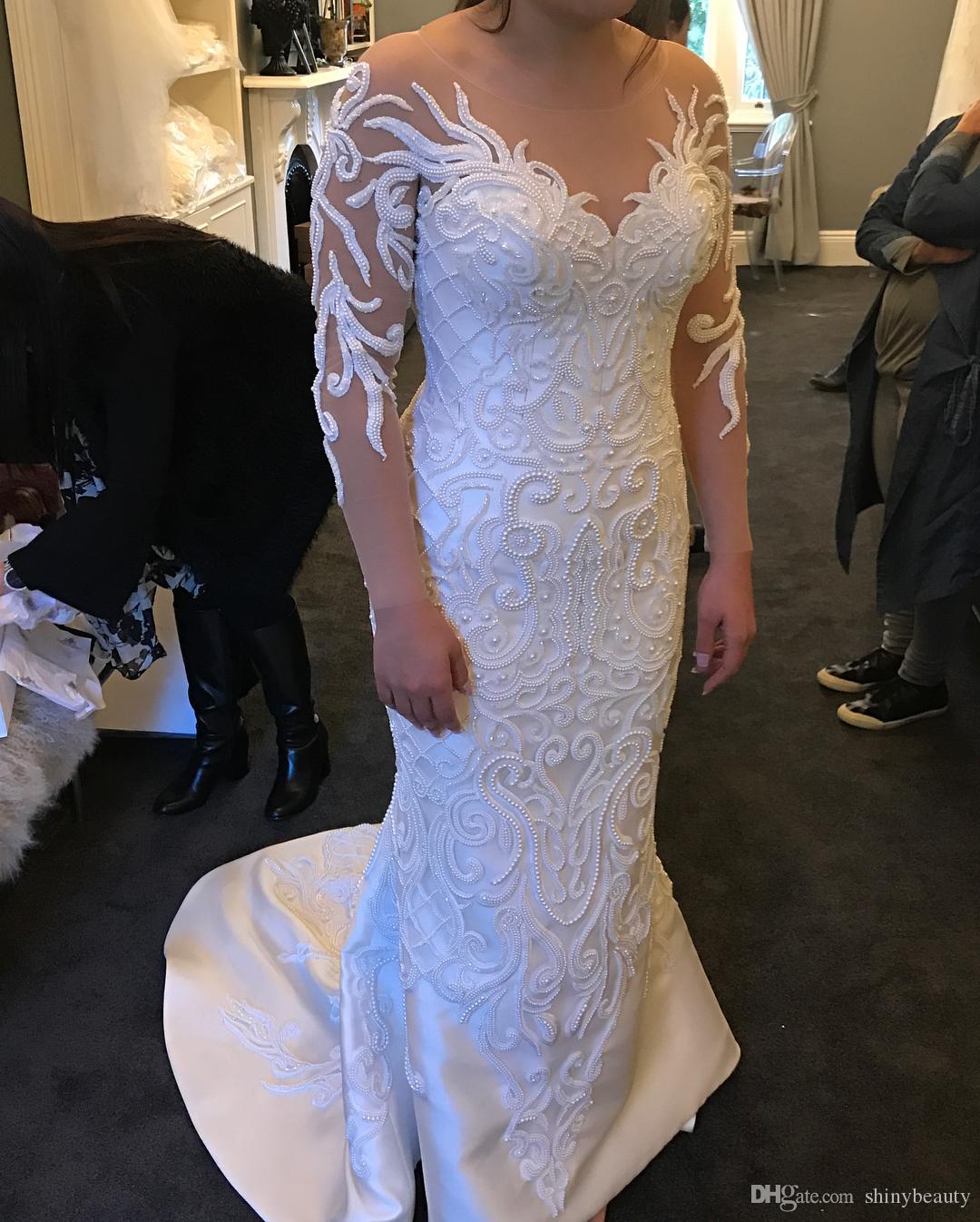 2020 Gorgeous Mermaid Wedding Dresses With Detachable Train Lace Appliqued Pearls Long Sleeve Wedding Dress Custom Made Robes De Mariée