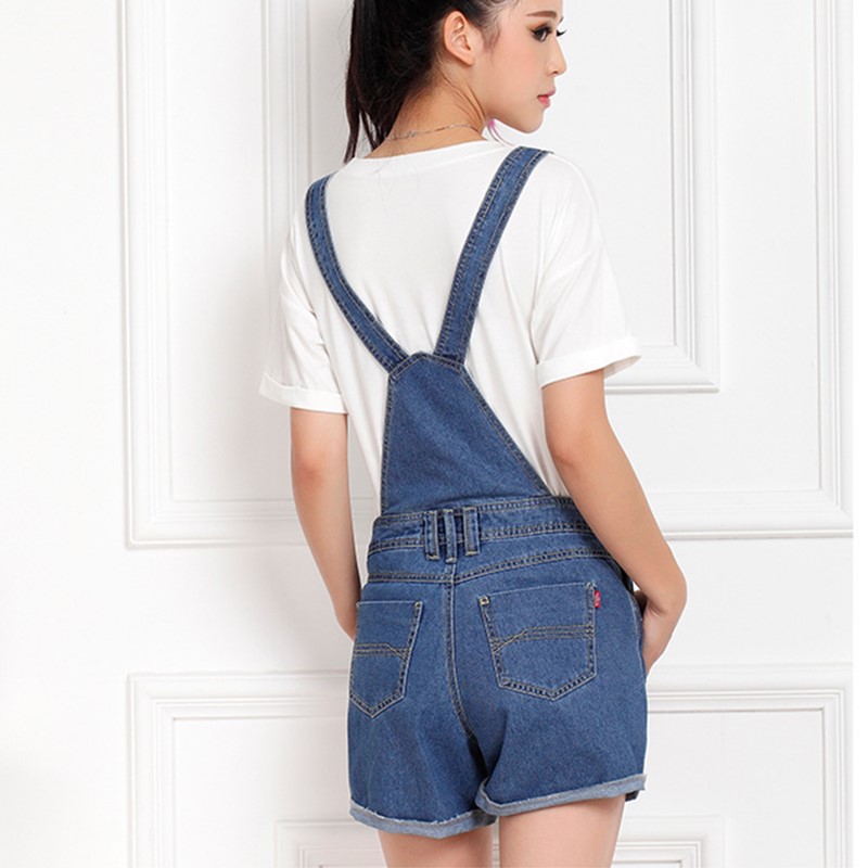 Women's Rolled-up Denim Shortalls Fashion Overall Loose Fit Plus Size Washed Blue Denim Short Jumpsuit with Pockets 28-42