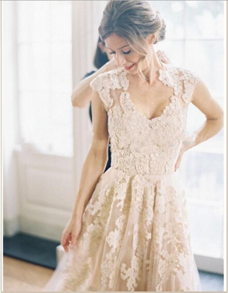 2020 New Champagne lace gown v-neck beach wedding dress at s married married robes De pink bud silk robes De married DP54 Blanche 2018