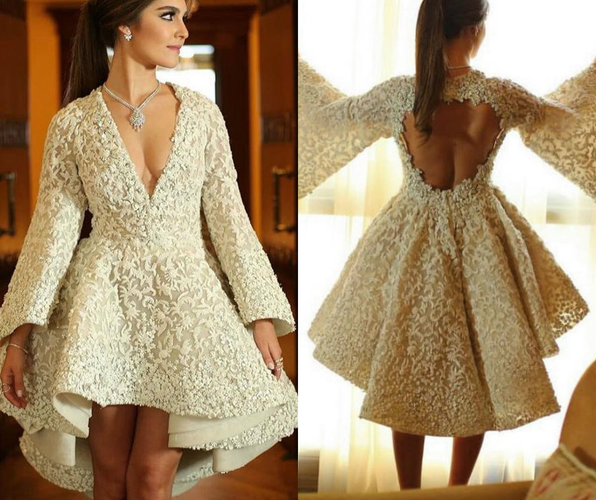 2020 High Low Prom Dresses Deep V Neck Embroidery Bell Long Sleeve Evening Gowns Custom Made Hollow Back Formal Dress Party Wear