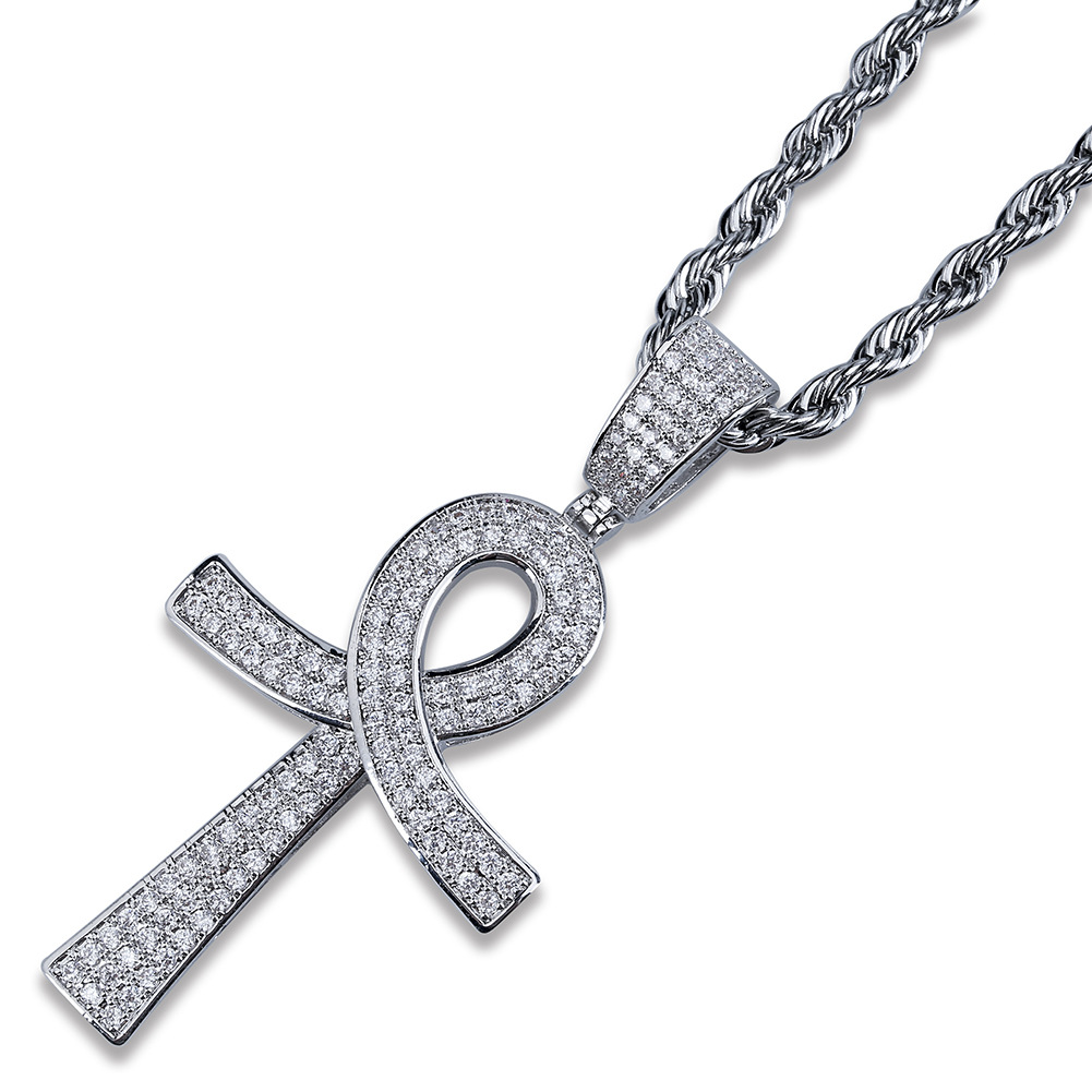 and White Gold Plated Dia Ankt Key of Life Cross Pendant Chain Necklace Cubic Zirconia Hip Hop Rapper Jewelry for Men Wholesale