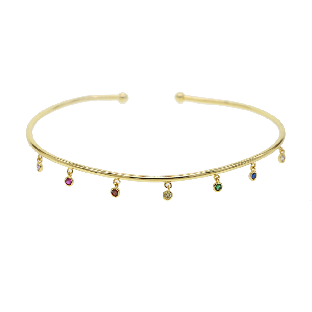 Wholesale- Torques necklace gold plated rainbow colorful cz drop round dots matal wire open cuff collar choker necklaces