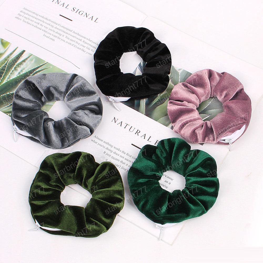 Velvet Hair Scrunchies Zipper Women Scrunchy Elastic Hair Bands Girls velour Headwear Ponytail Holder Pleuche Hair Ties Small Bag