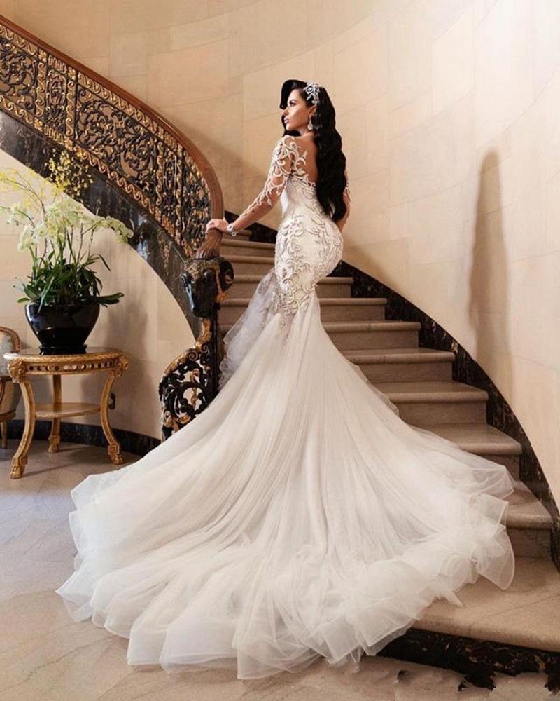 Sparkle Mermaid Wedding Dresses Illusion Long Sleeves Lace vestido de noiva Lace Appliques Slim Formal Bridal Gowns Plus Size Robe De Mariee