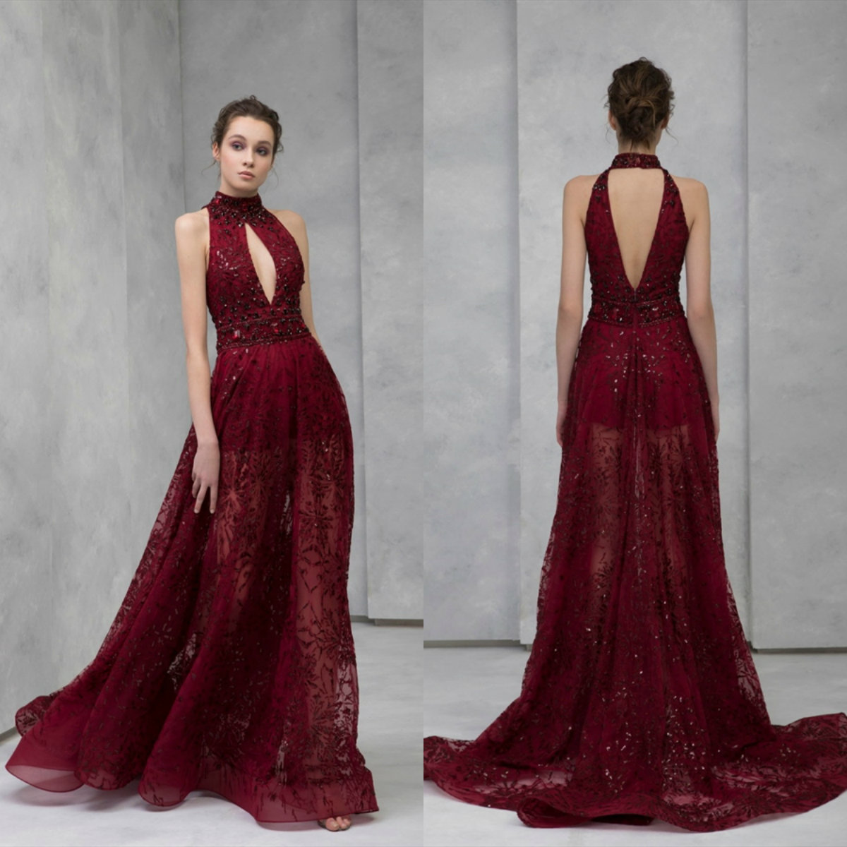 2020 Tony Ward Burgundy Evening Dresses Lace Appliqued Sequined High Neck Prom Dress Sweep Train Formal Party Gowns Robes De Soirée