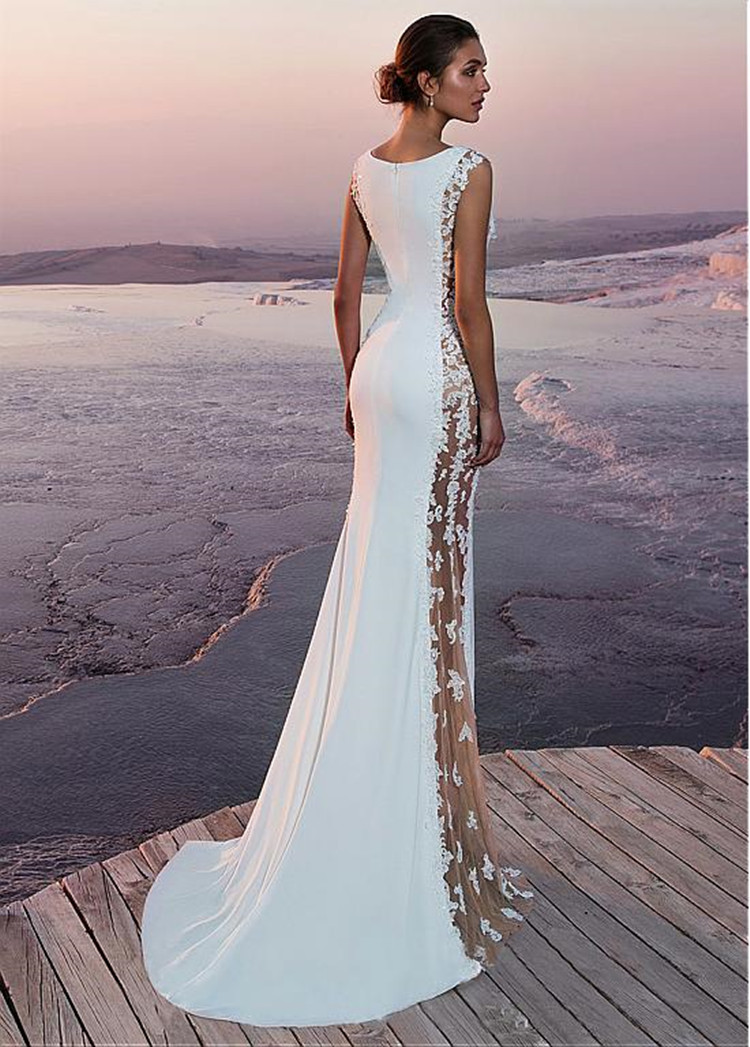 Summer White Bohemian Beach Mermaid Wedding Dresses 2023 Lace Satin Jewel Lapel Bridal Gowns Sweep Train Length Mermaid Dress