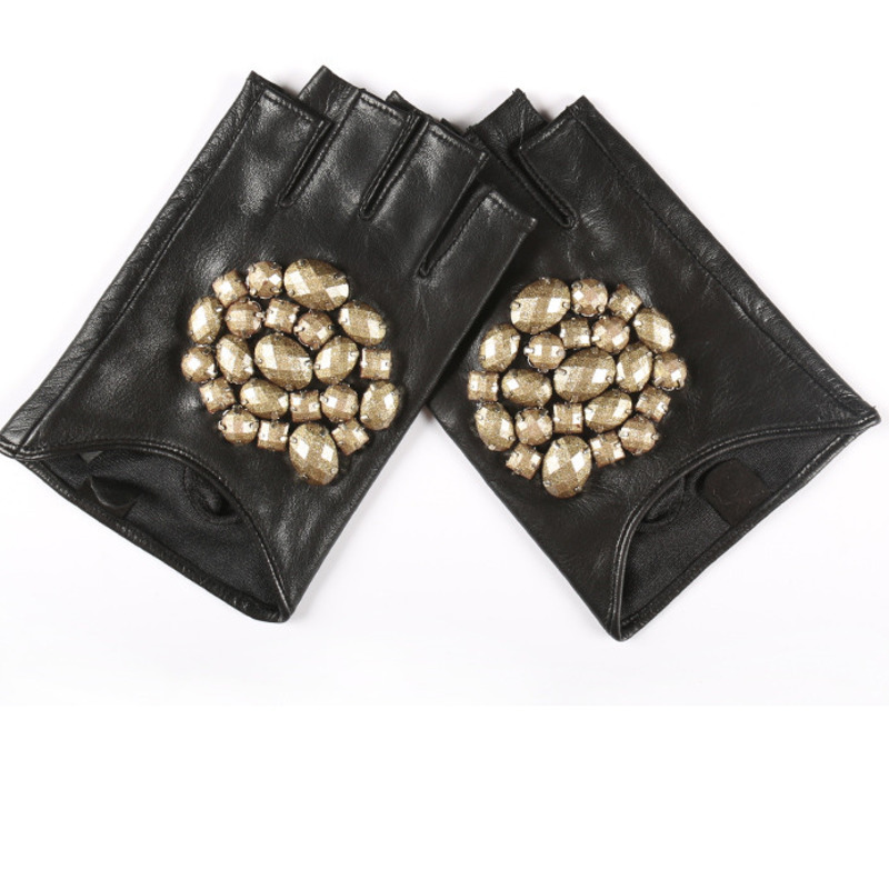 Fashion-2018 Rhinestone Inlay Fingerless Leather Gloves Casual Hot Sale Trendy High Quality Autumn Women All-mathch BE489