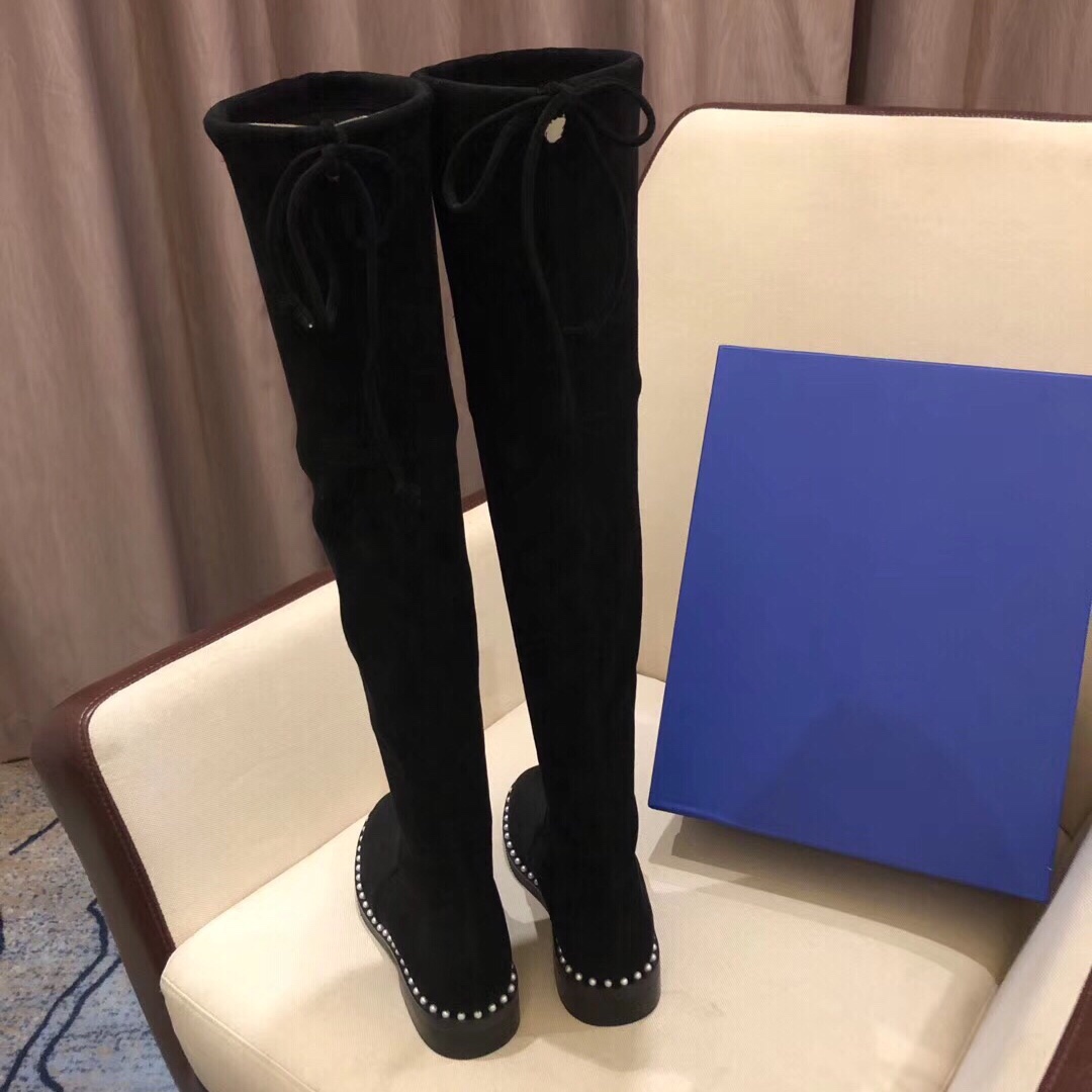 Hot Sale-Women High Silk Sheepskin Knee High Dress Boots fashion Pearl Low Heel Thigh-High Boots Winter Plush Black Snow Knight Boots