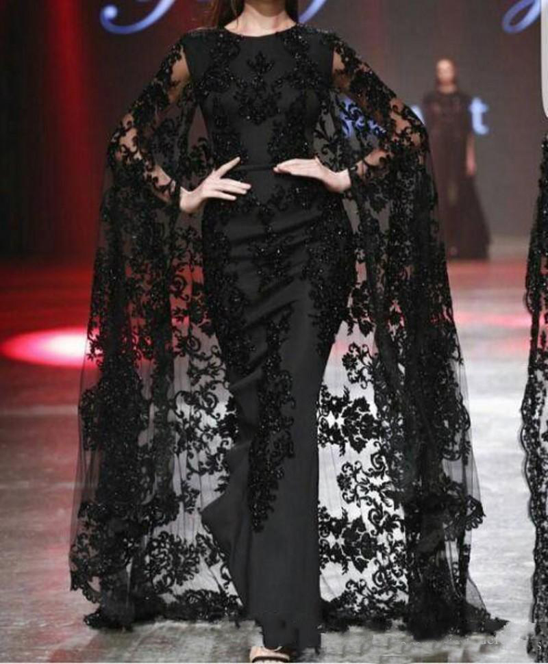 Black Lace Applique Arabic Dubai Evening Gowns with Cape Fashion Crew Full length yousef aljasmi Prom Occasion Dresses