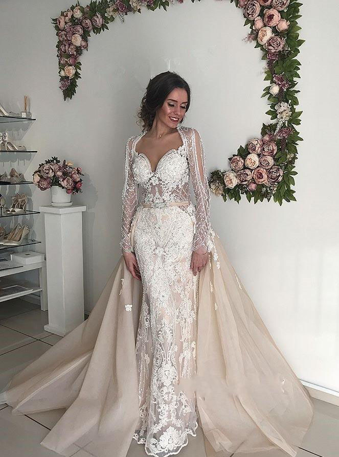 Cheap Long Sleeve Mermaid Wedding Dress Lace Appliques with Overskirt Garden Country Church Bride Bridal Gown Custom Made Plus Size